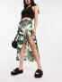 ASOS DESIGN natural slub ruched side midi skirt in green tropical print
