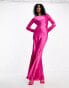 ASOS DESIGN satin long sleeve maxi dress with lace applique detail in fuschia pink