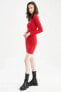 Фото #5 товара Wrap Yaka Kırmızı Uzun Kollu Mini Elbise