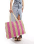 South Beach striped straw woven shoulder tote bag in pink and natural