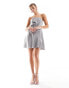 ASOS DESIGN satin bandeau asymetric hem mini dress with ruched bodice detail in grey