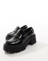 ASOS DESIGN Wide Fit Script chunky mid heeled loafers in black patent