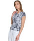 ფოტო #3 პროდუქტის Women's Printed Asymmetric-Neck Short-Sleeve Top