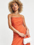 Rare London – Drapiertes Midi-Bleistiftkleid in Orange aus Netzstoff mit Wickeldesign