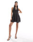 Kaiia plunge halterneck polka dot mini dress in black and white