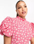 Фото #3 товара ASOS DESIGN Tall pie crust neck puff sleeve mini tea dress in pink ditsy print