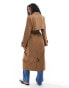 Vila tie waist trench coat with button front detail in deep camel