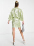 Flounce London plunge front mini dress with drop sleeves in lime metallic sparkle