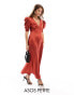 Фото #1 товара ASOS DESIGN Petite satin v neck midi tea dress with puff sleeves in rust