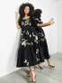 Фото #4 товара ASOS EDITION wild rose embroidered waisted puff sleeve midi dress in black
