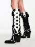 Daisy Street heart western knee boots in black and white