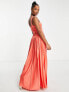 Фото #3 товара ASOS DESIGN Petite square neck dropped waist belted pleat maxi dress in hot coral - BPINK