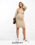 Фото #1 товара Mamalicious Maternity knitted midi dress with belt in camel