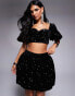 ASOS LUXE velvet embellished co-ord puff sleeve top in black sequin Черный, 42 - фото #1