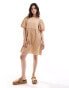 ASOS DESIGN double cloth mini smock dress with puff ball sleeves in stone Серый, 44 - фото #4