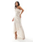 TFNC Petite Bridesmaid satin one shoulder ruffle maxi dress in champagne