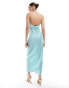 ASOS DESIGN satin halter neck maxi dress with gathered bust and keyhole split in aqua