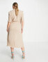 ASOS DESIGN Curve wrap tux midi dress with shoulder pads in stone