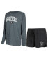 ფოტო #1 პროდუქტის Women's Black, Charcoal Las Vegas Raiders Raglan Long Sleeve T-shirt and Shorts Lounge Set