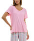 Фото #4 товара Women's Short-Sleeve Ribbed Henley Sleep Top