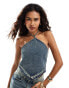 Фото #1 товара COLLUSION iconic hanky hem denim festival top co-ord in midwash blue