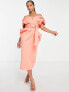 ASOS DESIGN Petite drape shoulder belted midi dress in pink