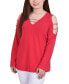 ფოტო #1 პროდუქტის Petite Long Sleeve Knit Crepe Rhinestone Top