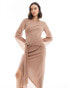 Фото #2 товара ASOS DESIGN slash neck chiffon asymmetric midi dress with liquid gold belt detail in mink