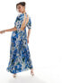 Фото #1 товара ASOS DESIGN angel sleeve plisse maxi dress with trapeze hem in blue print