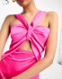 Y.A.S satin knot front cut out satin midi dress in bright pink