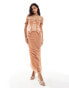 Фото #2 товара ASOS DESIGN off the shoulder satin corset detail chiffon ruched midi dress in terracotta