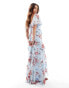 ASOS DESIGN flutter sleeve ruffle maxi dress with cut out detail in textured spot in blue floral print Синий, 44 - фото #4