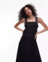 Topshop premium contrast stitch satin twill pinny midi dress in black