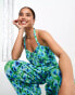 Monki jersey plisse cross back detail jumpsuit in blue and green flower print