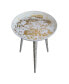 20 Inch Artisanal Industrial Round Tray Top Iron Side End Table, Tripod Base, Distressed White, Gold