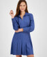 Women's Pleated-Skirt Open-Collar Long-Sleeve Dress