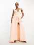 Фото #4 товара ASOS DESIGN Petite halter v neck premium maxi dress with exaggerated outer skirt in peach pink