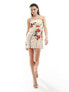 ASOS DESIGN satin bandeau mini dress with gathered waist detail in cream rose print