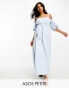 ASOS DESIGN Petite off shoulder cotton midi dress with ruched bust detail in cornflower blue