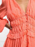 ASOS DESIGN Petite button through ruched waist pleated mini dress in metallic dobby in coral