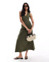 ASOS DESIGN halter drop waist ribbed maxi with bust seam detail in khaki