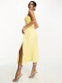Фото #2 товара ASOS DESIGN shirred strap ruched bodice dobby pleat midi dress in lemon