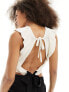 Miss Selfridge crochet frill sleeve detail open back contrast bow top in cream