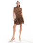 ASOS DESIGN cowl neck hitched hem cupro mini dress in brown Коричневый, 36 - фото #8