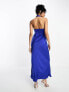 ASOS DESIGN satin halterneck twist maxi dress with cut out front in blue