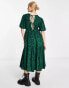 Фото #1 товара Violet Romance puff sleeve midi dress in green animal print