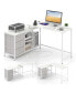 L-shaped Computer Desk with Power Outlet, Fabric Drawers, Metal Mesh Shelves