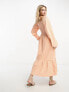 Фото #2 товара Monki long sleeve midi dress with ruffled hem in orange gingham