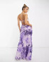 ASOS DESIGN satin mix cami cut out waist maxi dress with cross strap detail in purple floral print