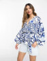 River Island tile print kimono wrap top in blue